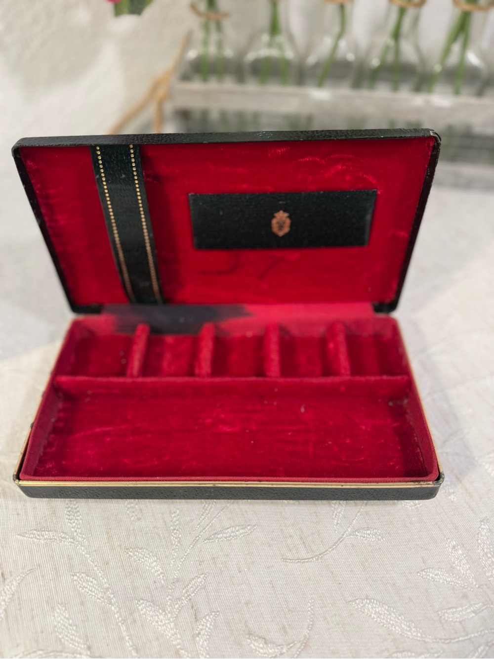 Vintage Black Jewelry Box Gold Ship Emblem Mid Century Nautical Trinket Case